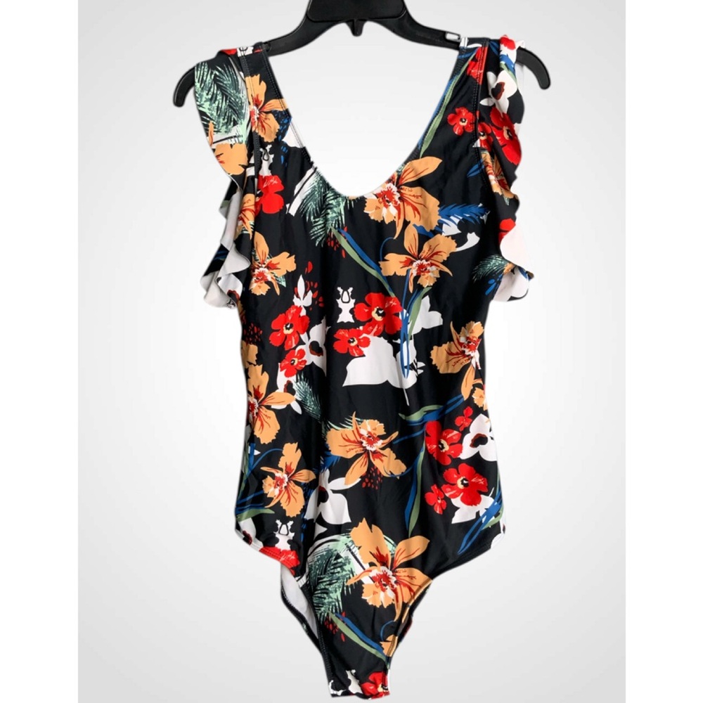 Women’s Black With Vibrant Tropical Print Ruffle One Piece Swimsuit XL